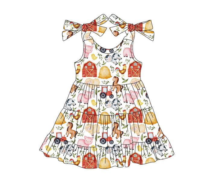 3.25  GSD2238 Baby Girls Red Strap Houses Pigs Cows Farm Knee Length Dresses Preorder