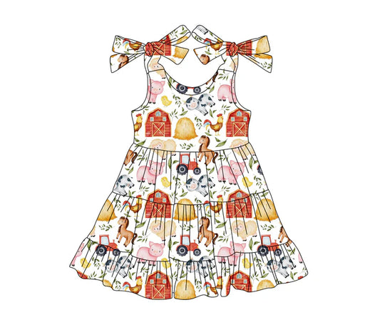 3.25  GSD2238 Baby Girls Red Strap Houses Pigs Cows Farm Knee Length Dresses Preorder