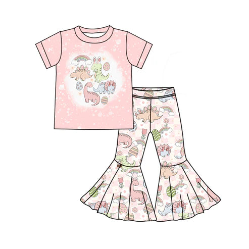 GSPO1856 Baby Girls Pink Easter Dinosaurs Shirt Bell Pants Clothes Sets Preorder