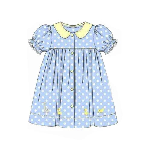 10.30 GSD2971 Baby Girls Polka Dots Gooses Ducks Button Knee length Dresses Preorder