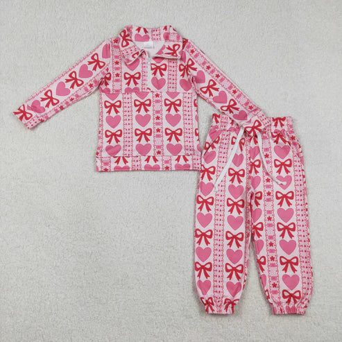 12.27 RTS NO MOQ（In Stock) Heart-Bow Pattern Wavy Striped Pink Zipper Long-Sleeved Pants Set