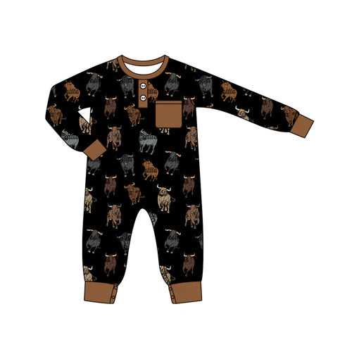 5.24 LR1902 Baby Infant Boys Black Cow Western Long Sleeve Rompers preorder