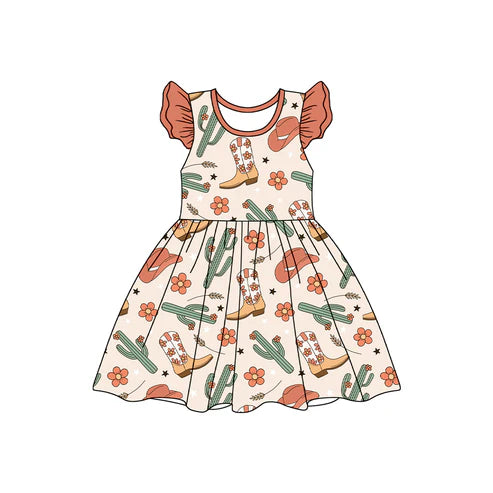 Baby Girls Western Cactus Boots Pearl Knee Length Dresses Preorder