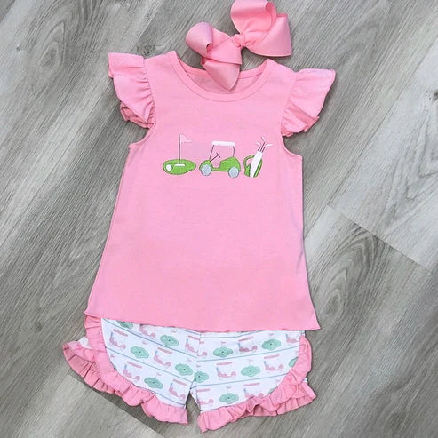6.6 GSSO2660 Baby Girls Pink Flutter Sleeves Golf Truck Tunic Ruffle Shorts Set Preorder