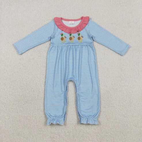 12.3 LR2738 Embroidery Baby Girls Blue Stripe Ducks Ruffle Footie Romper
