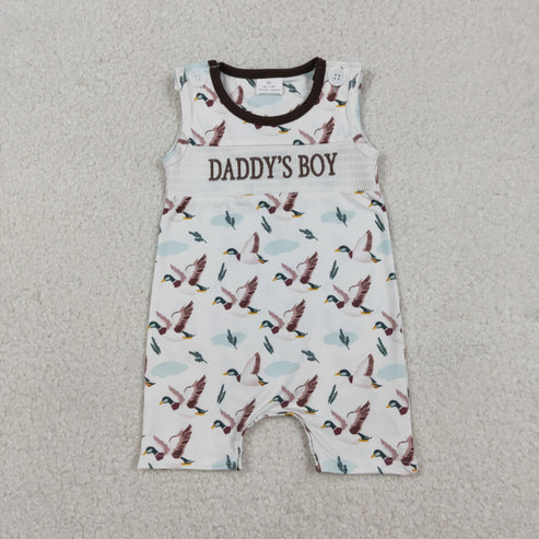12.19 SR3347 Smocked Daddy's Boy Baby Sleeveless Ducks Hunting Short Romper