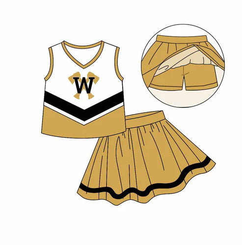 7.5 Custom Moq 3 Baby Girls W Golden Cheer Team Top Skort Shorts Clothes Sets