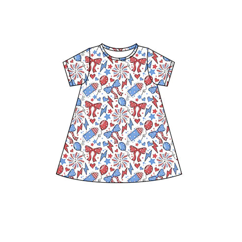 4.22 GSD2500 Baby Girls Short Sleeves Firework Balloons 4th Of July Knee Length Dresses Preorder