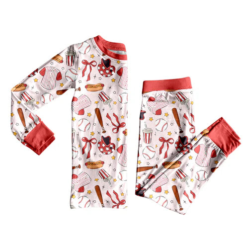 9.30 GLP2918 Baby Girls Bows Baseballs Top Pants Team Pajamas Sets Preorder