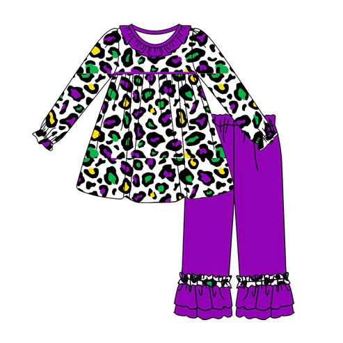 6.4 GLP2111 Baby Girls Leopard Mardi Gras Tunic Ruffle Pants Clothes Sets Preorder