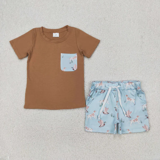 4.4  BSSO1420 Baby Boys Khaki Short Sleeves Pocket Top Ducks Dogs Short Clothes Set