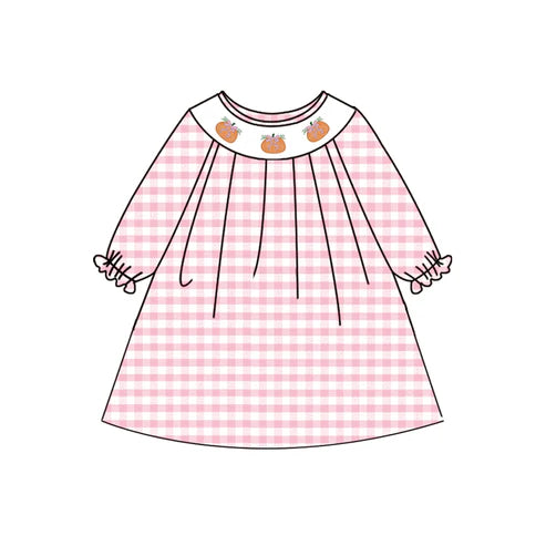 3.29 GLD1024 Baby Girls Pink Plaid Long Ruffle Sleeves Pumpkins Smocked Rainbows Knee Length Dresses Preorder