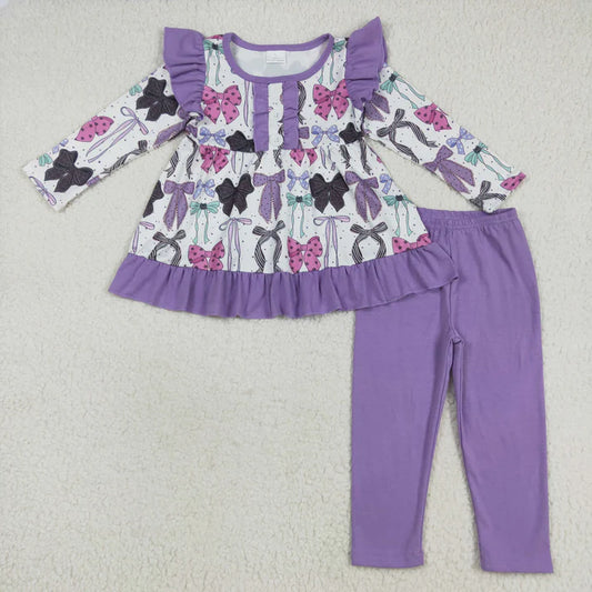 8.15 GLP2528 Baby Girls Long Sleeves Purple Bows Button Top Legging Pants Set