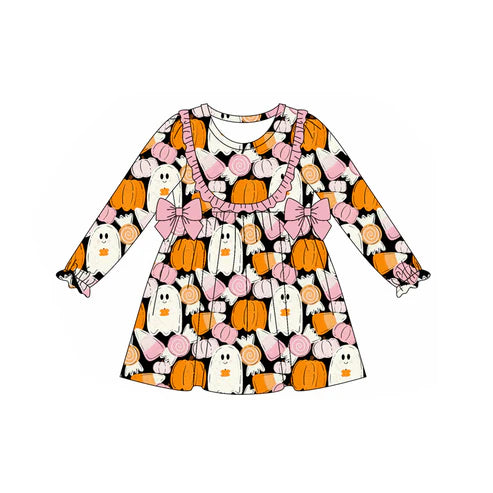 7.29 GLD1209 Baby Girls Long Ruffle Sleeves Ghost Pumpkins Bows Knee Length Dress Preorder