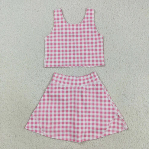 8.12 GSD2786 Baby Girls Sleeveless Pink Checked Vest Top Skorts Yoga Activity Set