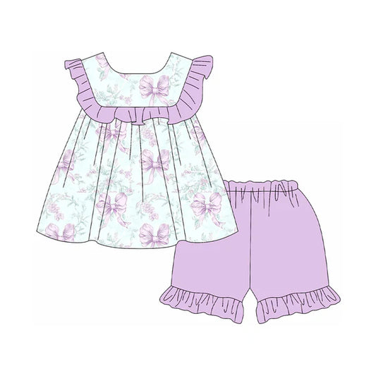 3.15 GSSO2315 Baby Girls Purple Flowers Flutter Sleeve Tunic Ruffle Shorts Clothes Sets preorder