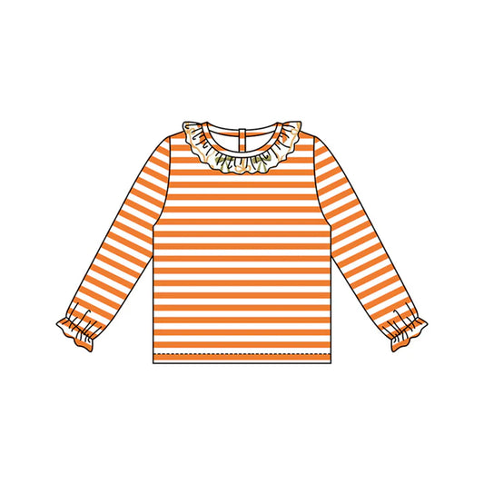 6.12 GT1074 Baby Girls Long Ruffle Sleeves Orange Stripes Tee Shirts Top Preorder
