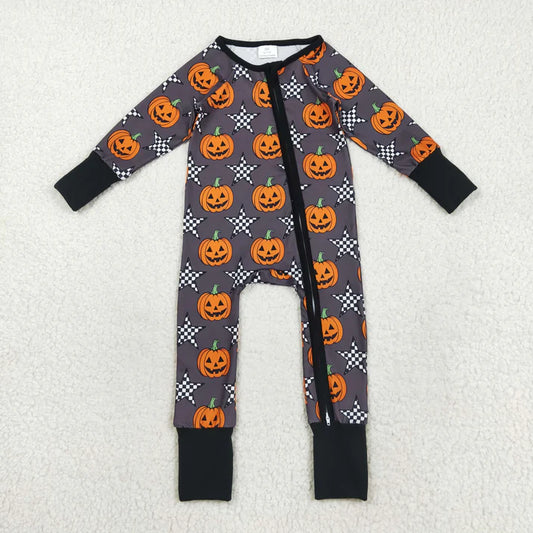 8.22 LR2464 Baby Boys Long Sleeves Plaid Stars Pumpkins Zipper Pant Romper