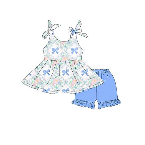 4.16 GSSO2536 Baby Girls Strap Blue Bows Floral Tunic Ruffle Short Set Preorder