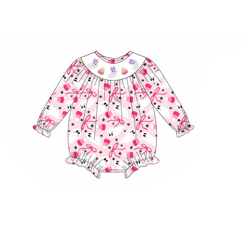 5.19 LR2216 Baby Girls Long Sleeves Pink Bows Ghosts Candy Ruffle Rompers Preorder