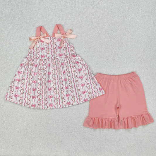 3.14 GSSO2094 Baby Girls Pink Flowers Bows Tunic Top Ruffle Shorts Clothes Set