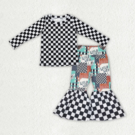 8.16 GT0864+P0751 Baby Girls Long Sleeves Black Plaid Top Wild West Bell Bottom Pants Sets