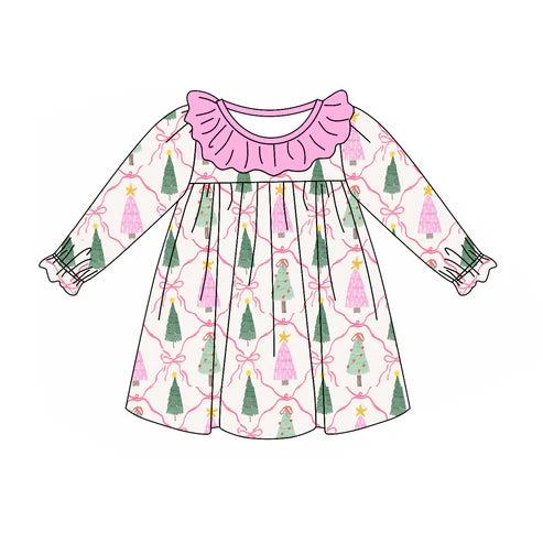 6.6  GLD1093 Baby Girls Girls Long Sleeves Trees Bows Plaid Knee Length Dress Preorder
