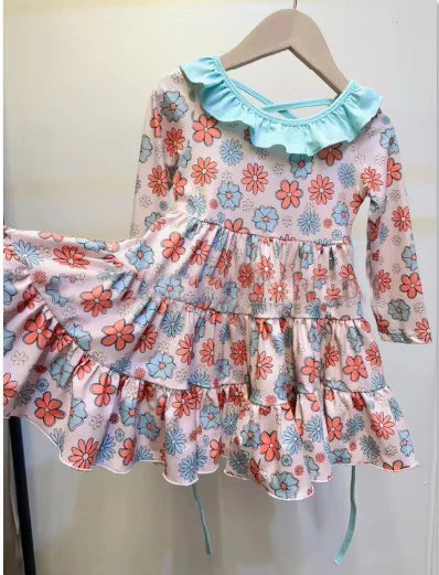5.10 GLD1034 Baby Girls Pink Long Sleeves Daisy Flowers Knee Length Dresses With Belt Preorder