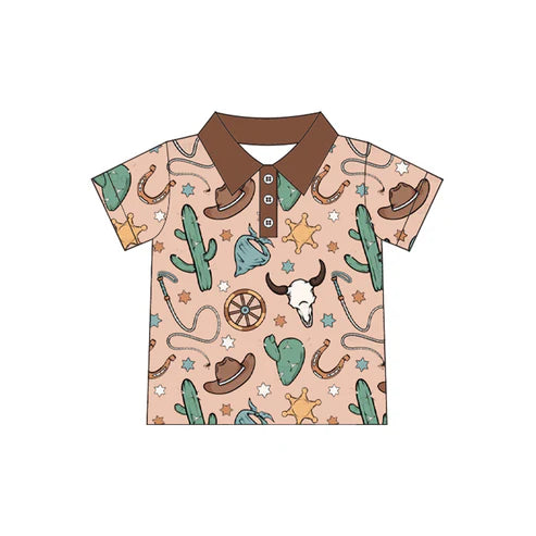 4.18 BT1224 Baby Boys Brown Short Sleeves Button Bull Skull Cactus Polo Shirts Top Preorder