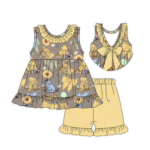 3.28 GSSO2433 Baby Girls Sleeveless Cartoon Pigs Tigers Tunic Polka Dots Ruffle Short Set Preorder