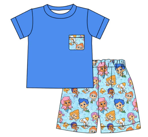 5.7 Boy cartoon blue short-sleeved shorts set