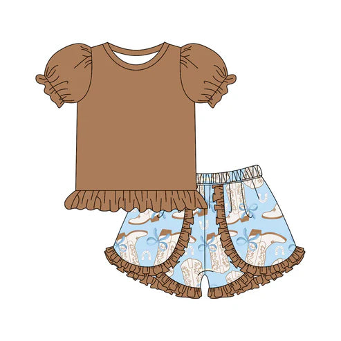 4.25 Preorder(moq 3) Baby Girls Brown Short Ruffle Sleeves Tunic Bows Boots Ruffle Short Set