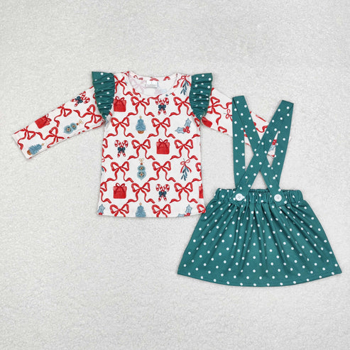 GLD0617 Baby Girls Christmas Bows Gifts Tunic Top Suspender Skirt Clothes Sets