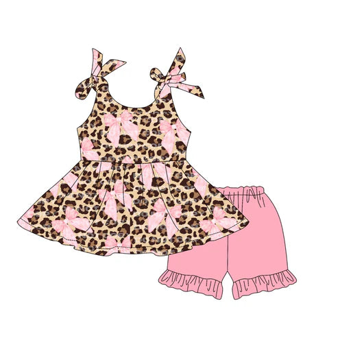 3.31 GSSO2451 Baby Girls Strap Leopard Bows Tunic Pink Ruffle Short Set Preorder