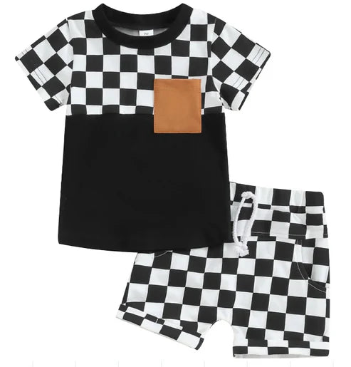 5.8 Black and white checkered short-sleeved shorts suit for boys