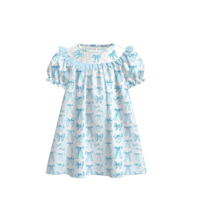 11.6 MOQ：5pcs GSD3043 pre-order toddler clothes blue bows girl summer dress