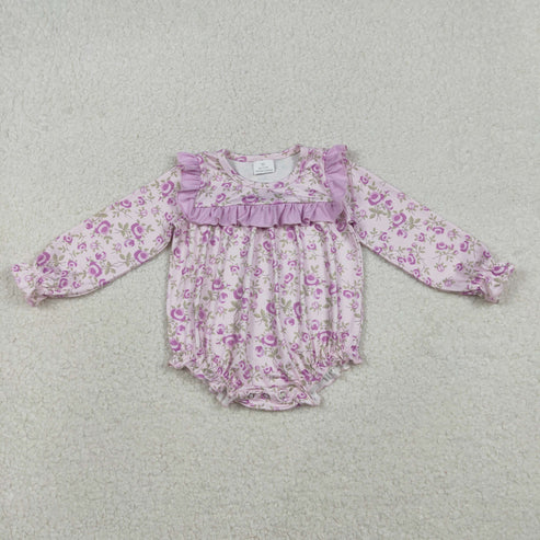 12.8 LR2624 Baby Girls Long Sleeve Hot Pink Flowers Ruffle Romper