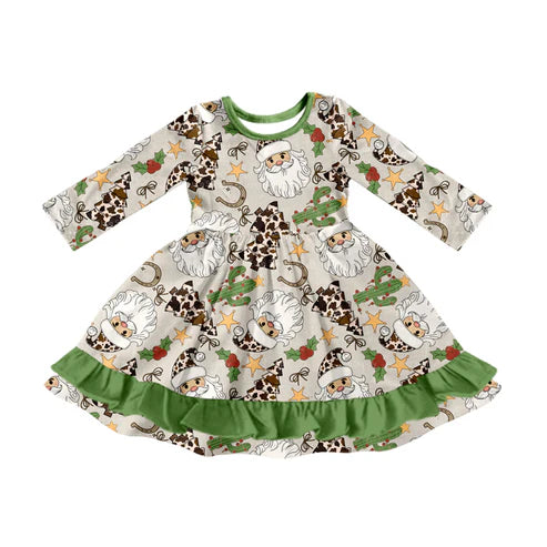 7.29 GLD1213 Baby Girls Long Sleeves Santa Cactus Plaid Ruffle Knee Length Dresses Preorder