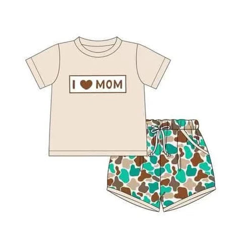 3.22 BSSO1431 Baby Boys Peach Short Sleeves I LOVE MOM Top Colorful Camo Pockets Short Set Preorder