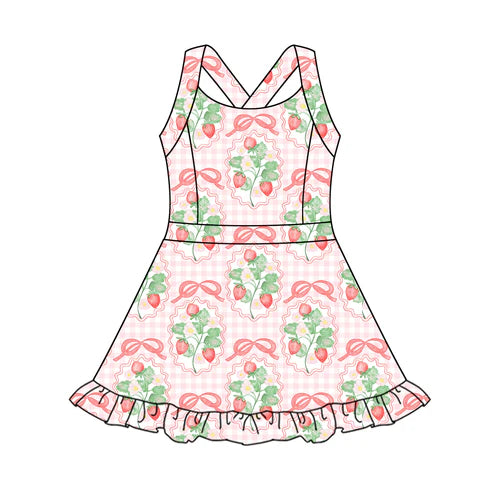 4.4 GSD2342 Baby Girls Strap Pink Plaid Strawberry Yoga Active Knee Length Dresses Preorder
