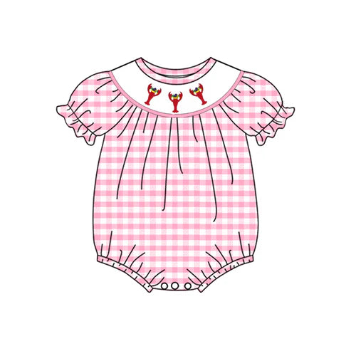 10.2 SR3256 Baby Girls Pink Checked Mardigras Crayfishes Ruffle Rompers Preorder