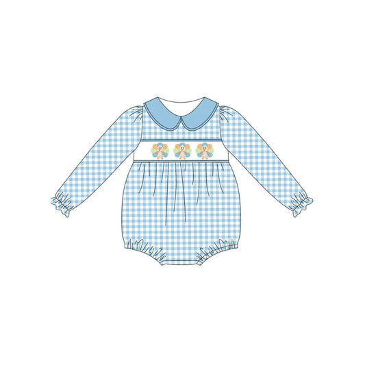 6.14 LR2245 Baby Girls Blue Plaid Long Sleeves Turkey Ruffle Rompers Preorder