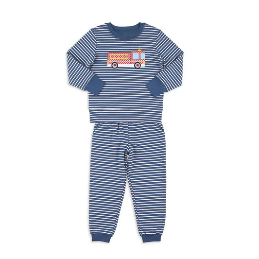 9.27 BLP1297 Baby Boys Blue Stripe Fire Truck Top Pants Pajamas Sets Preorder