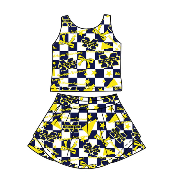 7.7 Custom Moq 3 Baby Girls Sleeveless Michigan Wolverines Plaid Bows Vest Top Short Skirts Set
