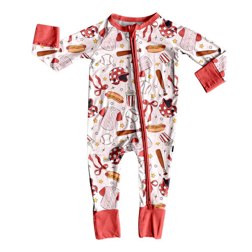 9.30 LR2731 Baby Girls Bows Baseballs Team Footie Rompers Preorder