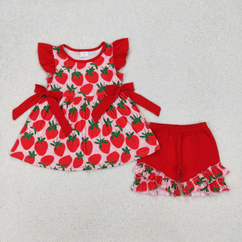 3.19 GSSO2023 Baby Girls Red Strawberry Tunic Ruffle Shorts Set