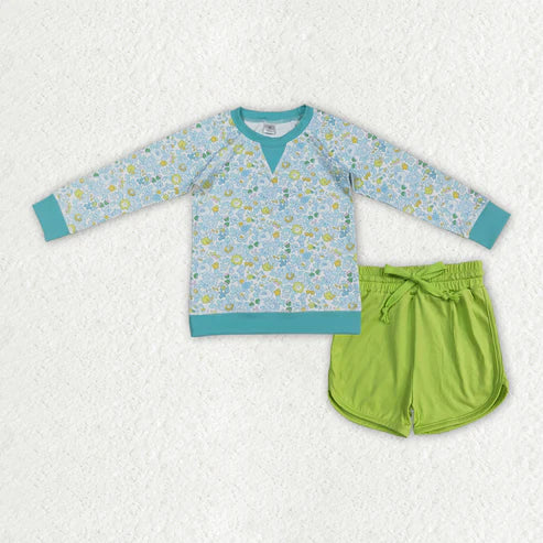 12.19 GT1294+SS0506 Baby Girls Colorful Floral Top Green Shorts Yoga Active Clothes Set