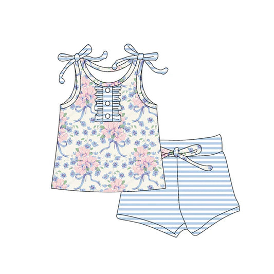 3.26  GSSO2410 Baby Girls Strap Button Bows Floral Top Light Blue Stripe Short Set Preorder