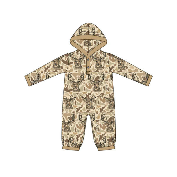 8.27   LR2593 Baby Boys Khaki Camo Deer Western Button Hoodie Footie Rompers Preorder