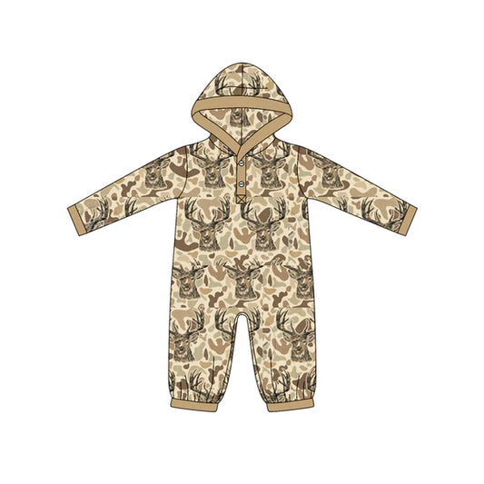 8.27   LR2593 Baby Boys Khaki Camo Deer Western Button Hoodie Footie Rompers Preorder